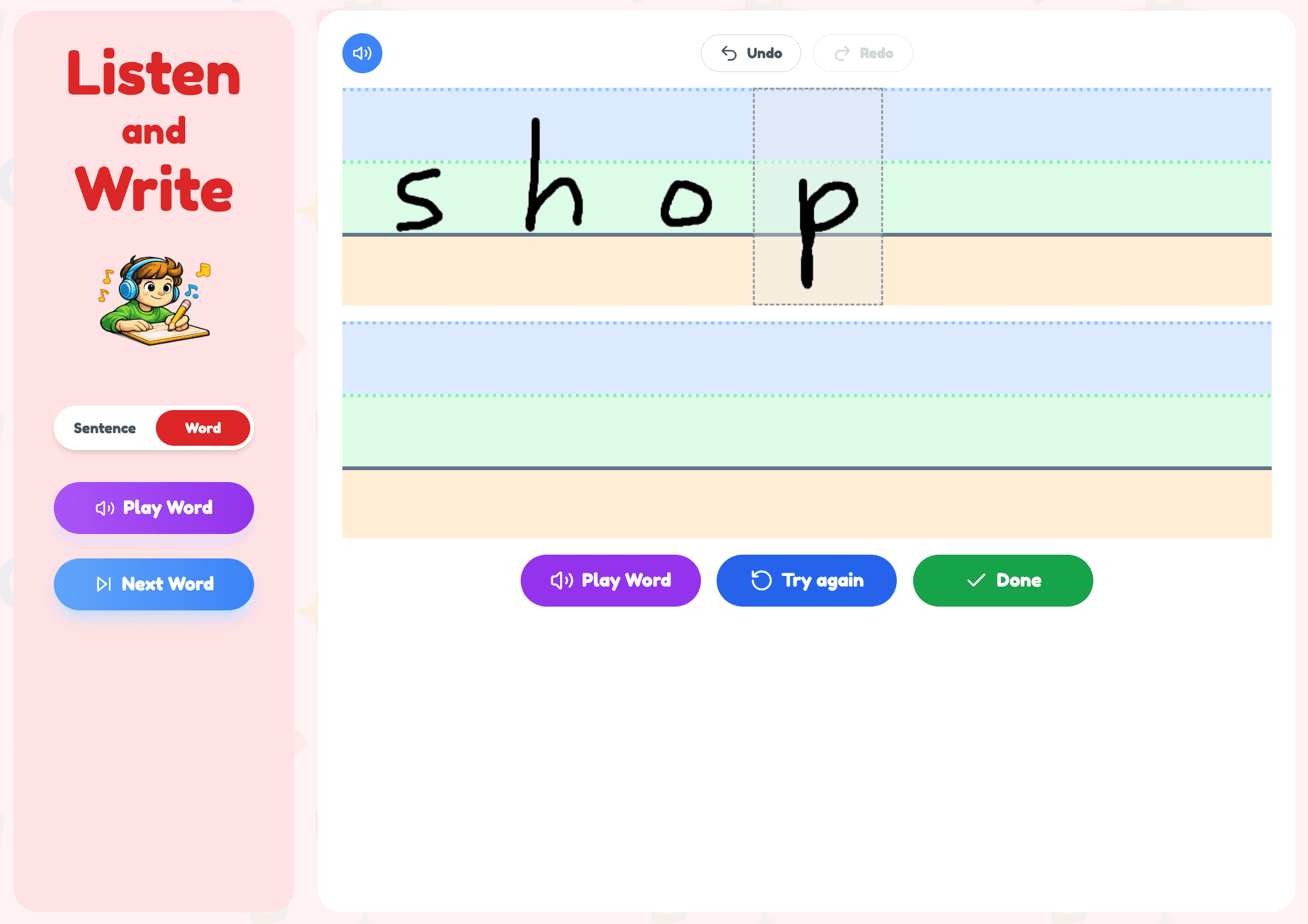 Listen & Write: hearing a word and writing it by hand on three-zone lined paper