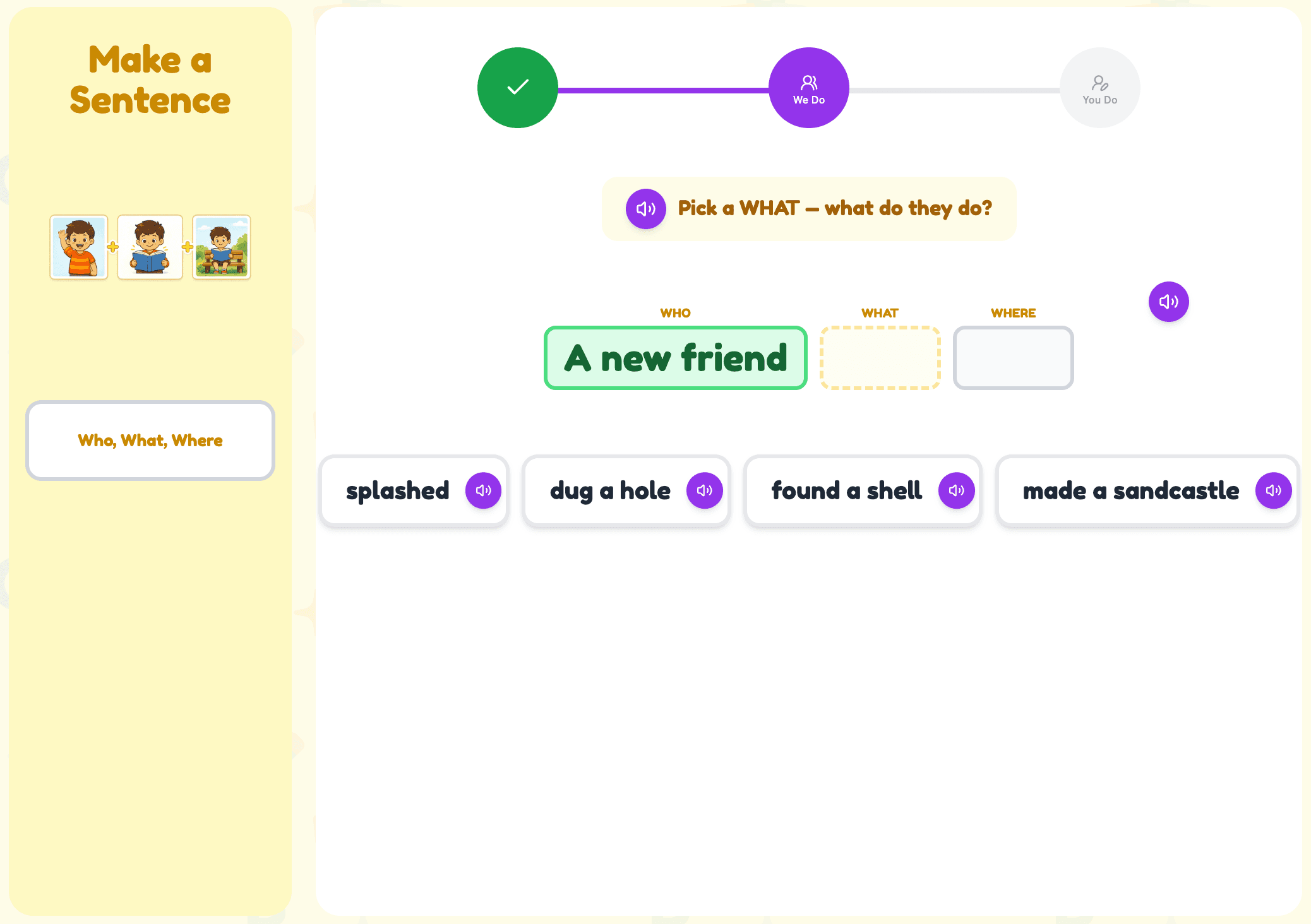Sentence Builder: choosing word cards to complete a Who, What, Where sentence